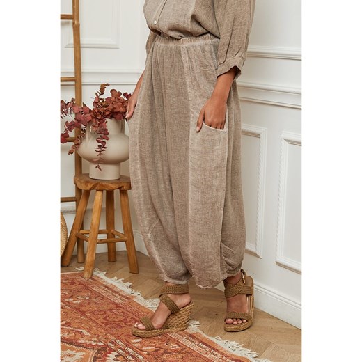 La Compagnie Du Lin Lniane spodnie w kolorze beżowym La Compagnie Du Lin L okazyjna cena Limango Polska