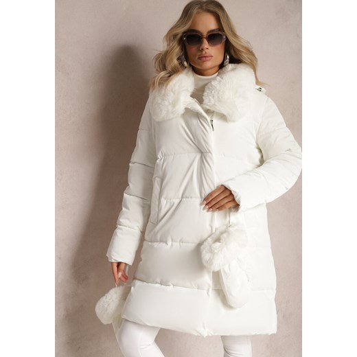 Biała Kurtka Płaszcz z Ozdobnym Pikowaniem z Futerkiem i Rękawiczkami Sicilba ze sklepu renee.pl w kategorii Kurtki damskie - zdjęcie 186171511