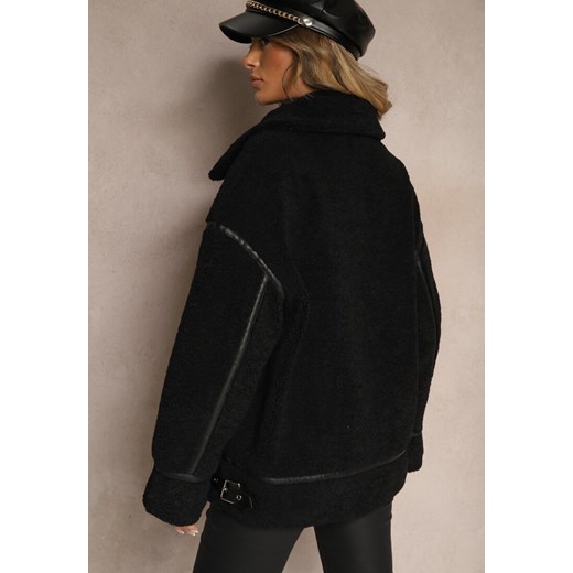 Czarna Futerkowa Kurtka o Kroju Oversize z Wysokim Kołnierzem z Paskiem z Renee M renee.pl