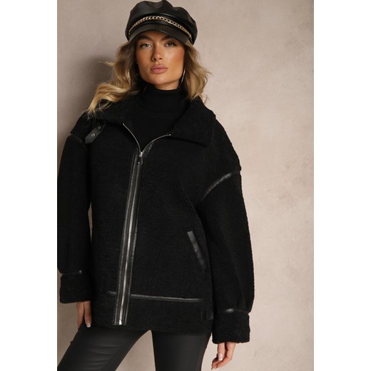 Czarna Futerkowa Kurtka o Kroju Oversize z Wysokim Kołnierzem z Paskiem z Renee M renee.pl