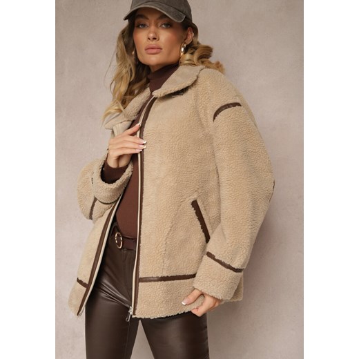 Beżowa Futerkowa Kurtka o Kroju Oversize z Wysokim Kołnierzem z Paskiem z Klamerką Toriara ze sklepu renee.pl w kategorii Futra damskie - zdjęcie 186171521
