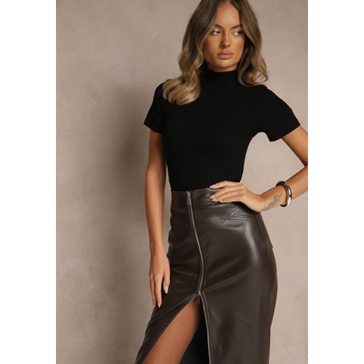 Czarny Wiskozowy T-shirt o Dopasowanym Kroju z Golfem Isomina - id: 20657-38-BLACK - marki Renee - 186171652 Czarny Wiskozowy T-shirt o Dopasowanym Kroju z Golfem Isomina ze sklepu renee.pl w kategorii Bluzki damskie - zdjęcie 186171652