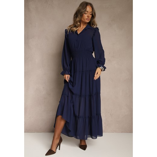 Granatowa Sukienka VICES Koszulowa z Falbaną w Rustykalnym Stylu Arivite ze sklepu renee.pl w kategorii Sukienki - zdjęcie 186171682