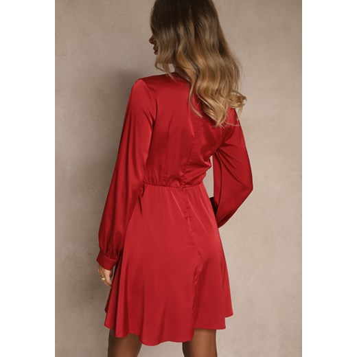 Czerwona Kopertowa Sukienka VICES z Satyny z Bufiastymi Rękawami Anevite Renee S renee.pl