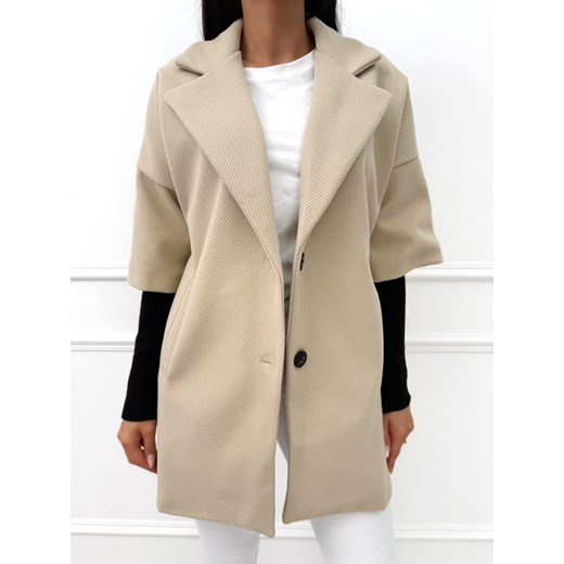 Piaskowy Płaszcz ze Ściągaczem ze sklepu ModnaKiecka.pl w kategorii Płaszcze damskie - zdjęcie 186173511