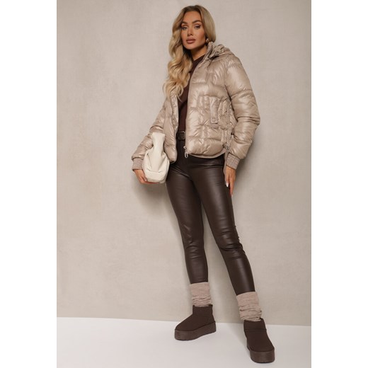 Ciemnobeżowa Kurtka z Odpinanym Kapturem Dłuższym Tyłem i Ściągaczami z Renee L promocja renee.pl