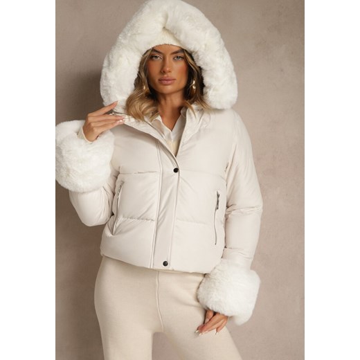Biała Kurtka z Pikowanymi Przeszyciami i Futerkowymi Zdobieniami Olindea ze sklepu renee.pl w kategorii Kurtki damskie - zdjęcie 186174573