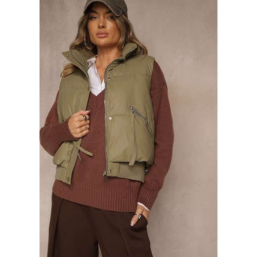 Zielona Przejściowa Kamizelka z Imitacji Skóry z Pikowanymi Przeszyciami Isomena ze sklepu renee.pl w kategorii Kamizelki damskie - zdjęcie 186178833