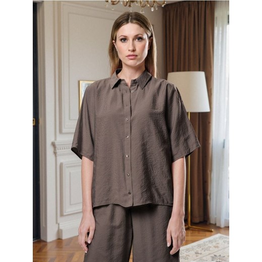 Sinsay - Koszula z krótkim rękawem i kołnierzykiem z modalem - brązowy ze sklepu Sinsay w kategorii Koszule damskie - zdjęcie 186191990