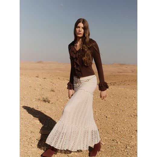 Reserved - Wiązany kardigan z falbankami - brązowy ze sklepu Reserved w kategorii Swetry damskie - zdjęcie 186195073