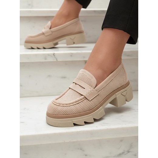 Royalfashion Beżowe damskie ażurowe mokasyny na masywnej podeszwie Ejina ze sklepu royalfashion.pl w kategorii Mokasyny damskie - zdjęcie 186195993