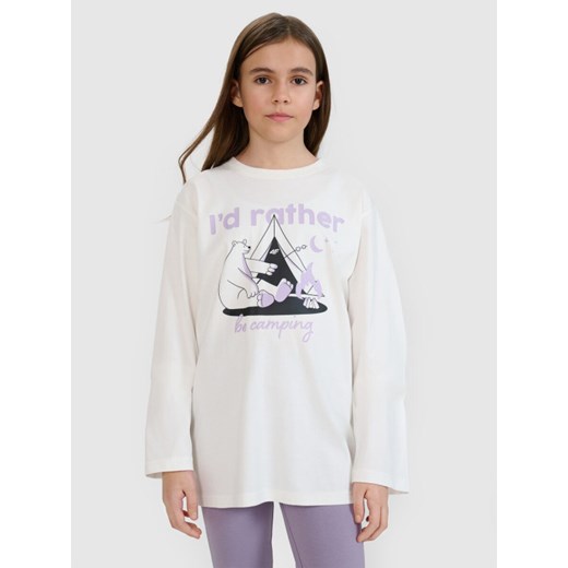 Dziewczęcy longsleeve z nadrukiem 4F 4FJRSS25TLONF542 - biały ze sklepu Sportstylestory.com w kategorii Bluzki dziewczęce - zdjęcie 186202012