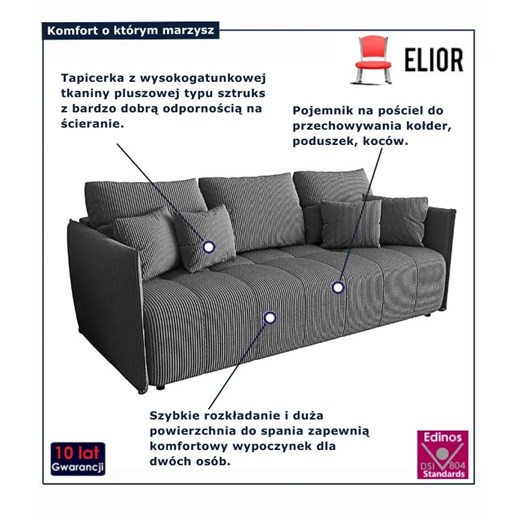 Szara rozkładana sztruksowa sofa tapicerowana S8-F56 Elior Edinos.pl