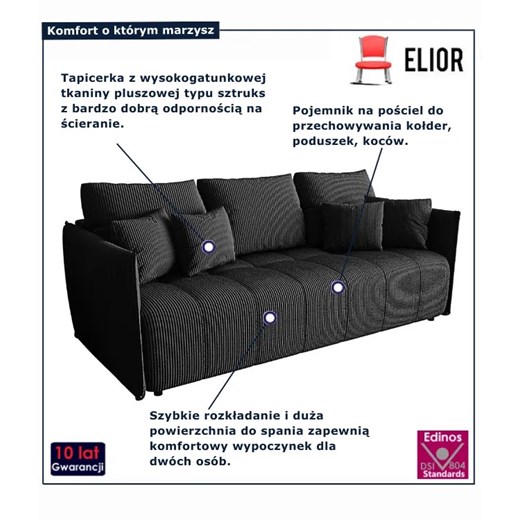 Czarna welurowa sztruksowa sofa rozkładana T8-L10 Elior Edinos.pl