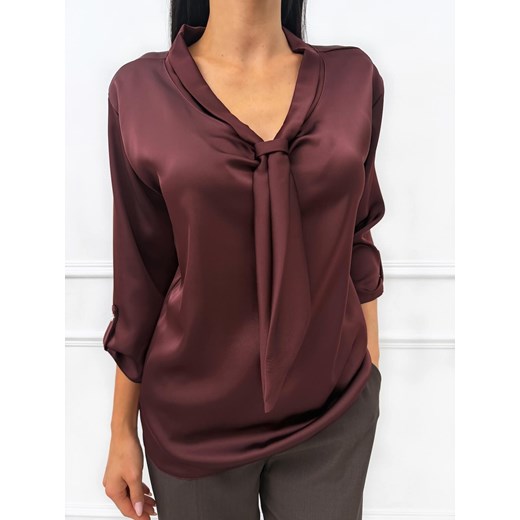 Czekoladowa Bluzka z Wiązaniem przy Dekolcie ze sklepu ModnaKiecka.pl w kategorii Bluzki damskie - zdjęcie 186210151