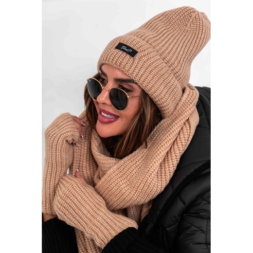 zimowy komplet tmc 3w1 polski producent top moda collection - jasny camel ze sklepu STYLOWO w kategorii Komplety czapka i szalik damskie - zdjęcie 186219063