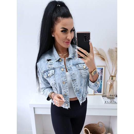 krótka kurtka jeansowa sorento ze ściągaczem - jasny jeans marmurek ze sklepu STYLOWO w kategorii Kurtki damskie - zdjęcie 186219092