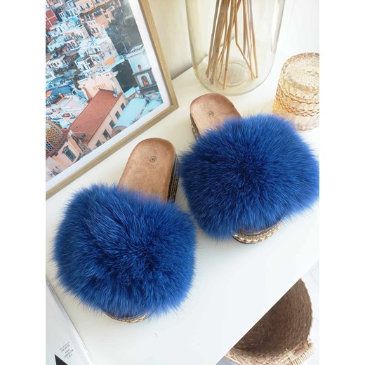 klapki jenotki z naturalnym mega futrem jenot lis z dżetami produkt polski  - granat atrament ze sklepu STYLOWO w kategorii Klapki damskie - zdjęcie 186219262