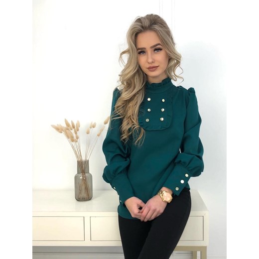 elegancka bluzka franceska z żabotem i ozdobnymi guzikami produkt polski by mielczarkowski  - butelkowa zieleń ze sklepu STYLOWO w kategorii Bluzki damskie - zdjęcie 186219271
