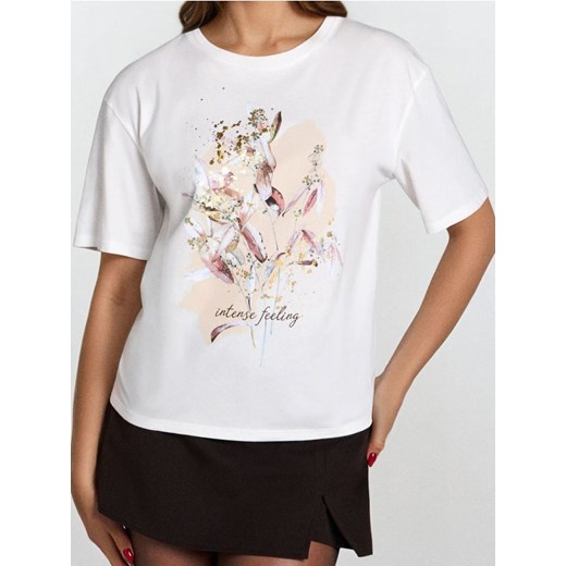 Sinsay - Bawełniana koszulka z nadrukiem - kremowy ze sklepu Sinsay w kategorii Bluzki damskie - zdjęcie 186221450