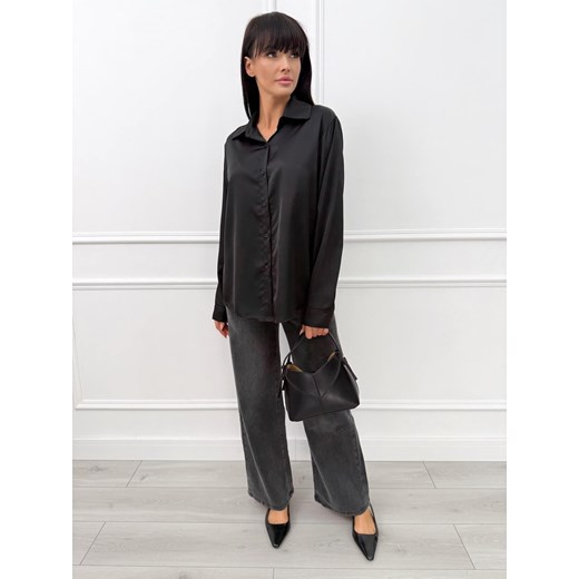 Czarna Satynowa Koszula Modnakiecka.pl 44 ModnaKiecka.pl