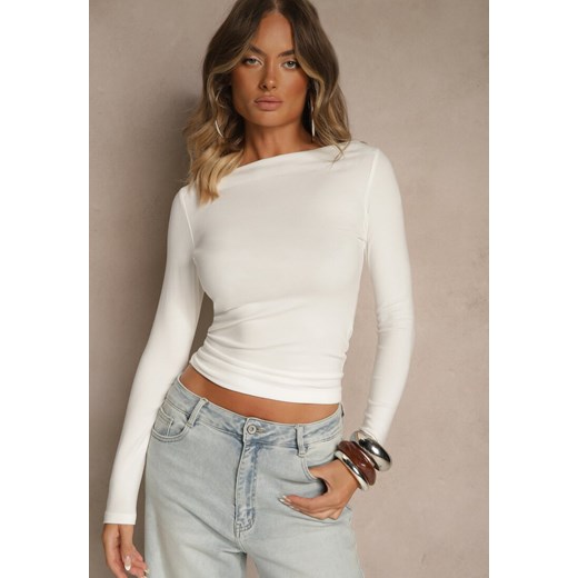 Biała Wiskozowa Bluzka Longsleeve z Dekoltem Typu Łódka Zaide - id: 20656-71-WHITE - marki Renee - 186222894 Biała Wiskozowa Bluzka Longsleeve z Dekoltem Typu Łódka Zaide ze sklepu renee.pl w kategorii Bluzki damskie - zdjęcie 186222894