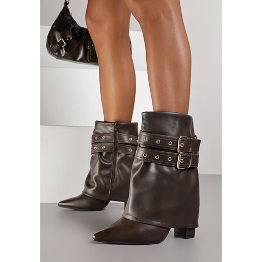 Brązowe Botki Kowbojki na Słupku Ozdobione Klamrami i Wywiniętą Cholewką Codvire - id: 2507A-54-BROWN - marki Renee - 186222924 Brązowe Botki Kowbojki na Słupku Ozdobione Klamrami i Wywiniętą Cholewką Codvire ze sklepu renee.pl w kategorii Botki - zdjęcie 186222924