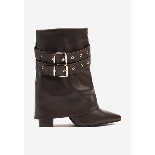 Brązowe Botki Typu Kowbojki na Obcasie z Wywiniętą Cholewką i Klamrami Cidvire 37 born2be.pl