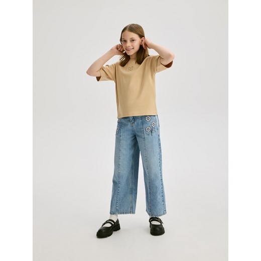 Reserved - Bawełniany T-shirt z haftem - beżowy ze sklepu Reserved w kategorii Bluzki dziewczęce - zdjęcie 186228014