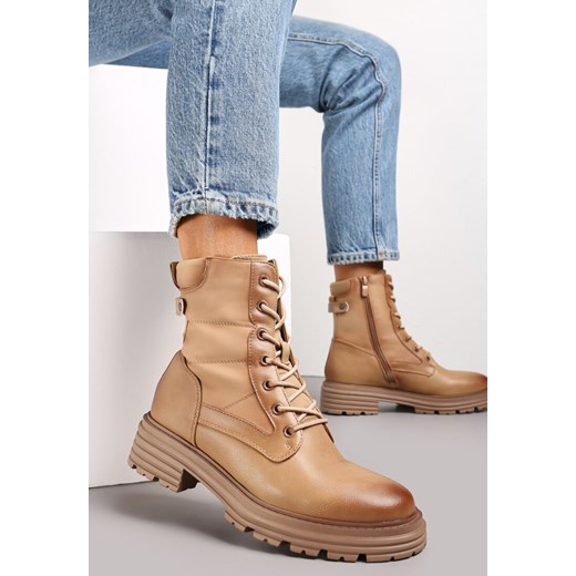 Beżowe Botki Workery z Dodatkowym Sznurowaniem Issatta 36 born2be.pl wyprzedaż