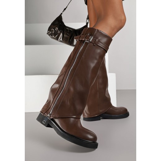 Brązowe Kozaki Typu Bikery Ozdobione Suwakiem Klamrą i Wywiniętą Cholewką Sovera ze sklepu renee.pl w kategorii Kozaki damskie - zdjęcie 186231861