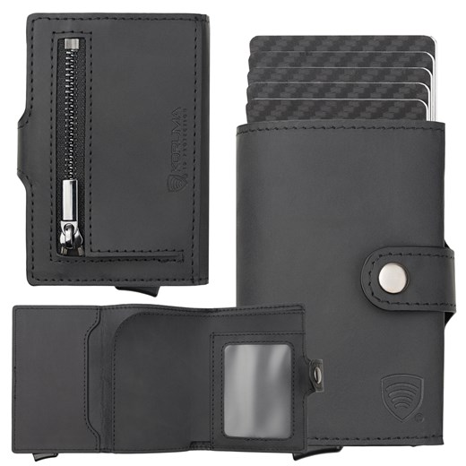 Portfel męski z kieszenią na bilon oraz aluminiowym etui z wysuwanymi kartami (czarny) ze sklepu Koruma ID Protection w kategorii Portfele męskie - zdjęcie 186242534