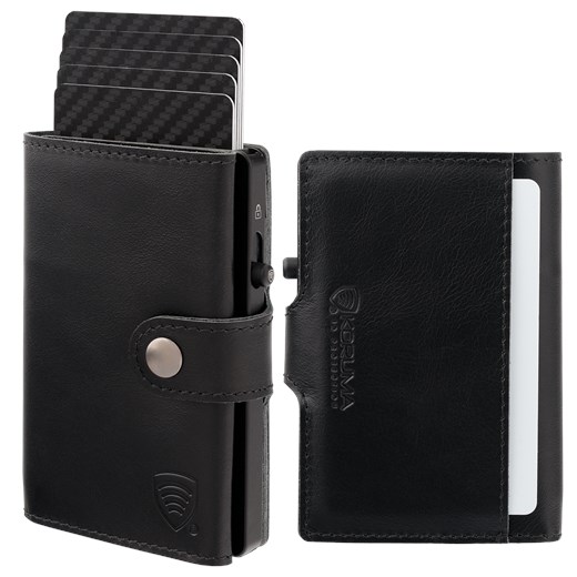 Skórzany portfel męski z zewnętrzną kieszenią na kartę oraz aluminiowym etui z wysuwanymi kartami (czarny) ze sklepu Koruma ID Protection w kategorii Portfele męskie - zdjęcie 186242932