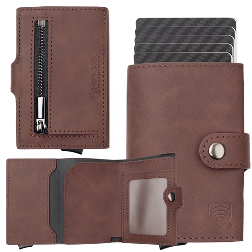 Portfel męski z kieszenią na bilon oraz aluminiowym etui z wysuwanymi kartami (ciemny brąz) ze sklepu Koruma ID Protection w kategorii Portfele męskie - zdjęcie 186243164