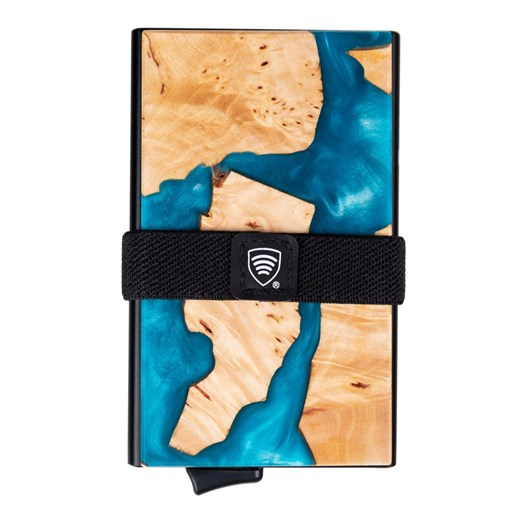 Aluminiowy portfel z wysuwanymi kartami i ochroną kart zbliżeniowych (drewno + turkusowa żywica) ze sklepu Koruma ID Protection w kategorii Portfele męskie - zdjęcie 186243282