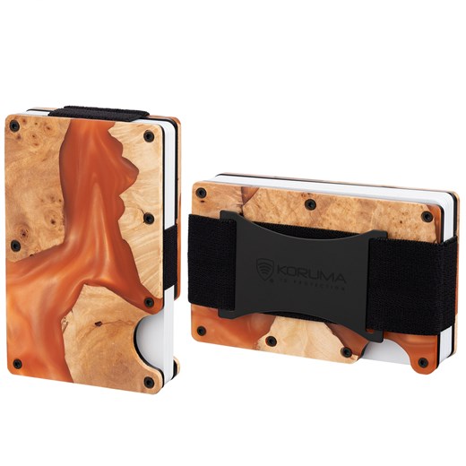 Aluminiowe etui z gumką na karty zbliżeniowe RFID (drewno + pomarańczowa żywica) ze sklepu Koruma ID Protection w kategorii Etui - zdjęcie 186243393