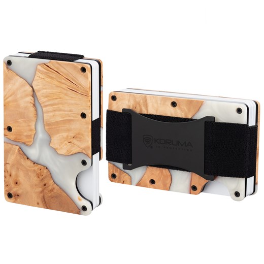Aluminiowe etui z gumką na karty zbliżeniowe RFID (drewno + biała żywica) ze sklepu Koruma ID Protection w kategorii Etui - zdjęcie 186243432