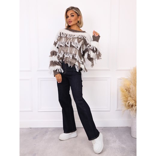 SWETER BIAŁY W PASKI KOLORU FANGO Z FRĘDZLAMI ze sklepu olika.com.pl w kategorii Swetry damskie - zdjęcie 186243561