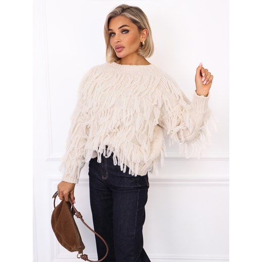 SWETER OVERSIZE Z FRĘDZLAMI- BEŻOWY ze sklepu olika.com.pl w kategorii Swetry damskie - zdjęcie 186243570