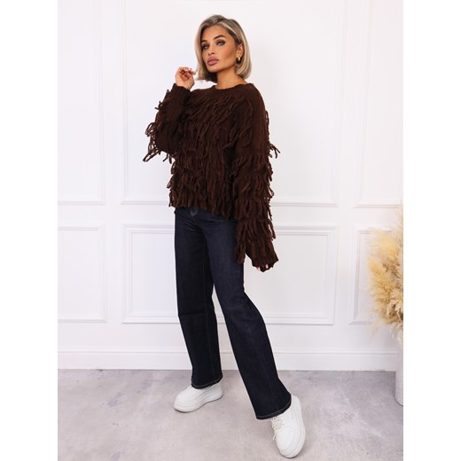 SWETER OVERSIZE Z FRĘDZLAMI- BRĄZOWY ze sklepu olika.com.pl w kategorii Swetry damskie - zdjęcie 186243611