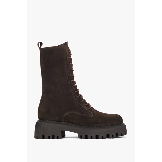 Estro: Ciemnobrązowe wysokie workery damskie z włoskiego weluru naturalnego Premium ze sklepu Estro w kategorii Workery damskie - zdjęcie 186243982