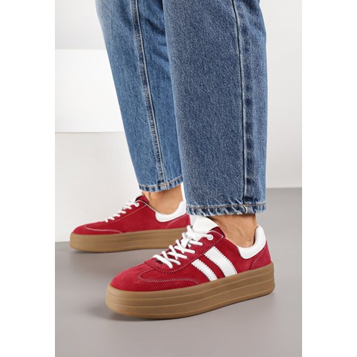 Czerwone Zamszowe Sneakersy na Grubej Podeszwie z Paskami i Skórzaną Wkładką Felenne ze sklepu born2be.pl w kategorii Buty sportowe damskie - zdjęcie 186251213