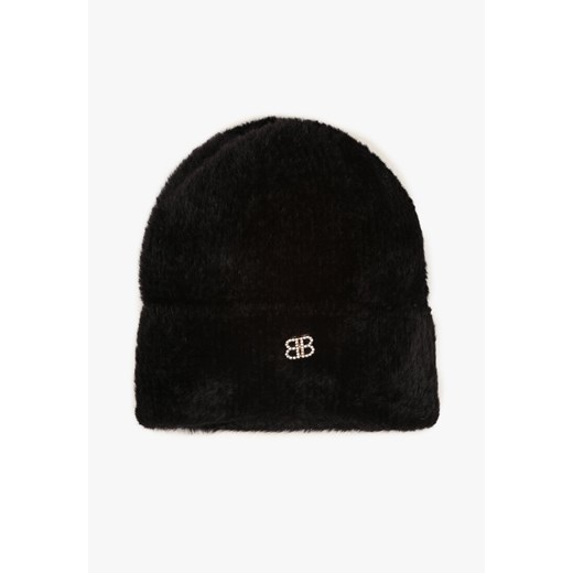 Czarna Czapka Typu Beanie z Wełną i Wiskozą Ozdobiona Naszywką Borirra ONE SIZE wyprzedaż born2be.pl