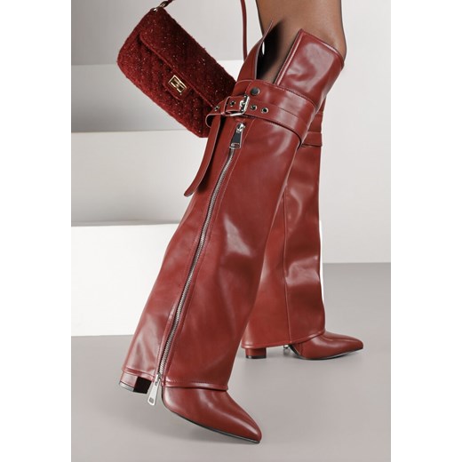 Bordowe Kozaki Kowbojki na Słupku Ozdobione Suwakiem Klamrą i Wywiniętą Cholewką Renee 36 renee.pl