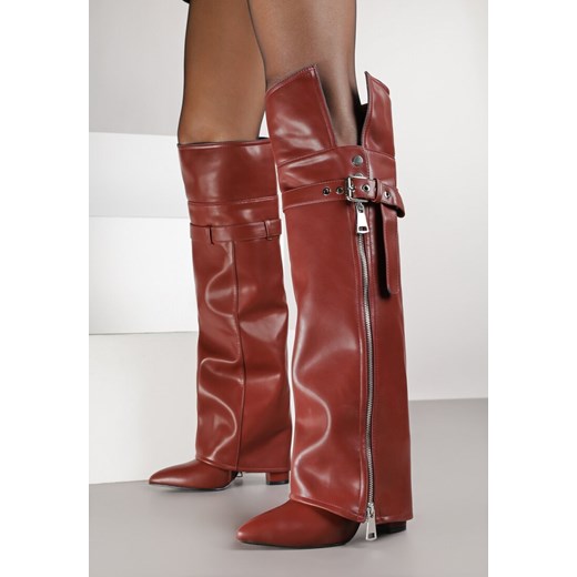 Bordowe Kozaki Kowbojki na Słupku Ozdobione Suwakiem Klamrą i Wywiniętą Cholewką Renee 40 renee.pl
