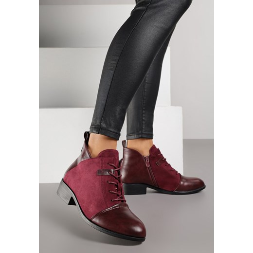 Bordowe Sznurowane Botki Vices z Łączonych Materiałów Atevitte 36 born2be.pl