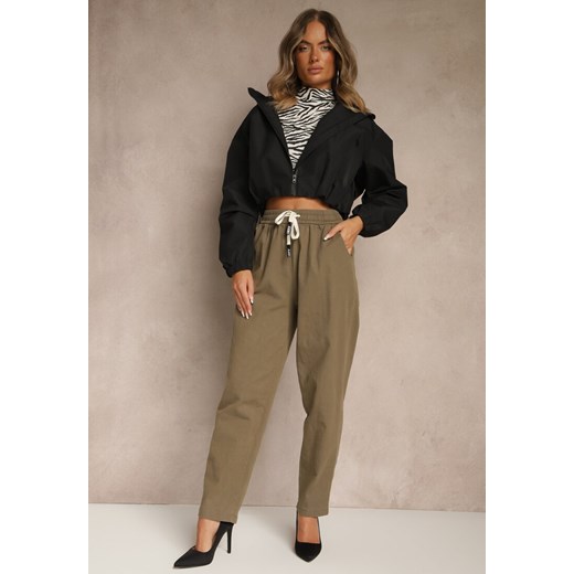 Ciemnozielone Spodnie z Bawełny Mom Fit Ozdobione Sznurkiem Apinella ze sklepu renee.pl w kategorii Spodnie damskie - zdjęcie 186257964