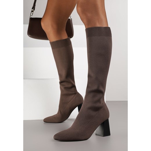 Brązowe Eleganckie Kozaki VICES na Słupku ze Skarpetkową Cholewką Mialles ze sklepu born2be.pl w kategorii Kozaki damskie - zdjęcie 186260652