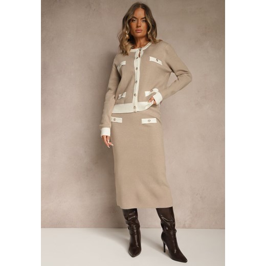 Beżowy Sweterkowy Komplet z Dzianiny z Bawełną Kardigan i Spódnica Derrive ze sklepu renee.pl w kategorii Komplety i garnitury damskie - zdjęcie 186260774