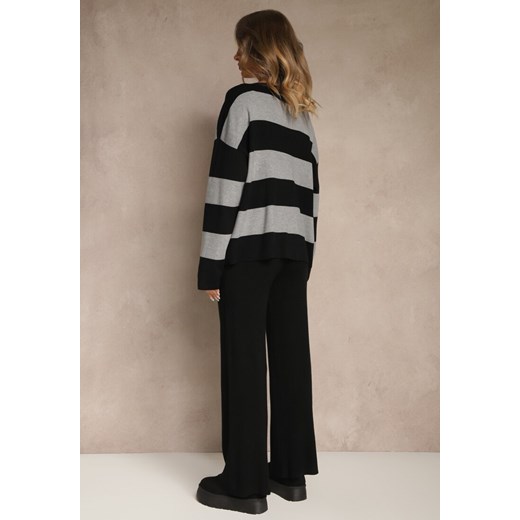 Szary Komplet z Dzianiny Spodnie Wide Leg i Sweter w Szerokie Pasy Falorella Renee ONE SIZE renee.pl